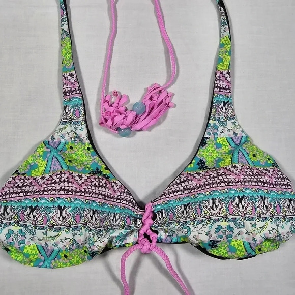 Victoria Secret Swim Suit Bikini Top Medium Reversible Black Green‎ Purple Blue - Picture 3 of 5